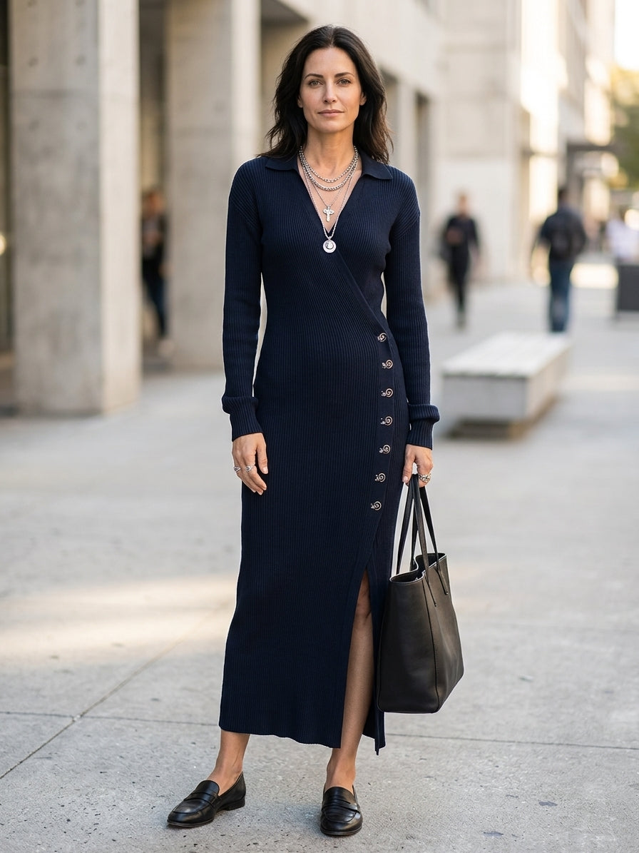 Women's Ribbed Knit Wrap Button Front Slit Midi Dress