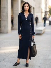 Women's Ribbed Knit Wrap Button Front Slit Midi Dress