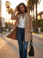 Women's Floral Embroidered Open-Front Suede Jacket