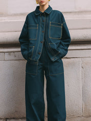 Minimalist Denim Topstitched Loose Shoulder Jacket & Straight Pants Set