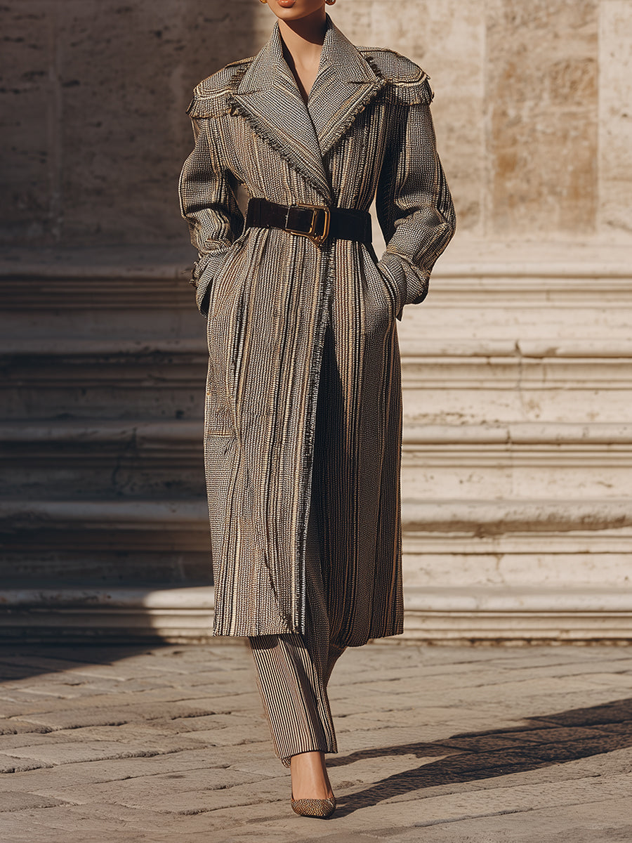 Heritage Fringed Tweed Pinstripe Belted Long Coat ﻿