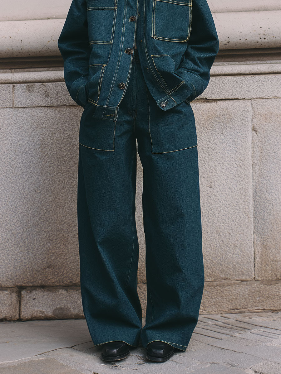 Minimalist Denim Topstitched Loose Shoulder Jacket & Straight Pants Set
