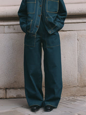 Minimalist Denim Topstitched Loose Shoulder Jacket & Straight Pants Set