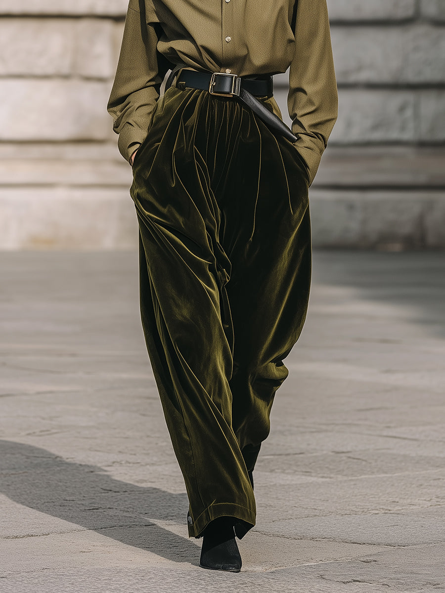 Old Money Minimalist Shirt & Polyester Velvet Straight Pants Suit Including Belt
