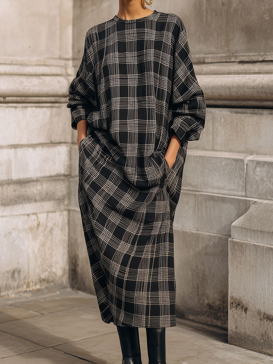 Casual Plaid Oversized Straight Drop Shoulder Midi Dress