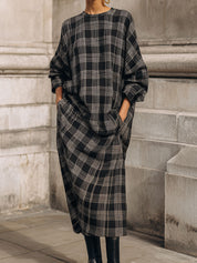 Casual Plaid Oversized Straight Drop Shoulder Midi Dress