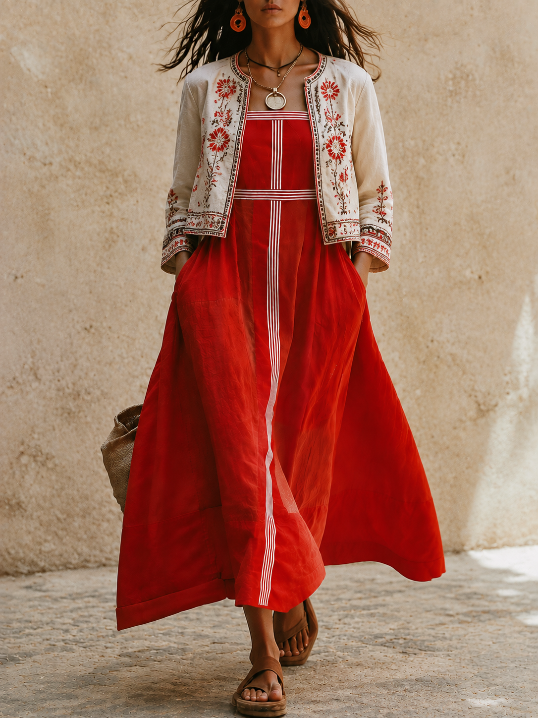 Effortless Resort Linen Contrast-Stripe Wide-Strap Tomato Red A-Line Maxi Dress