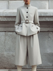 Commuter Stand Collar Single Breasted Jacket & Loose Capri Pants Set