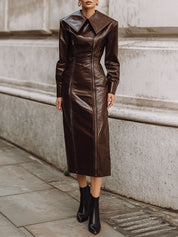 Fashion Old Money Style Double Zipper Eco-friendly Leather Midi Dress