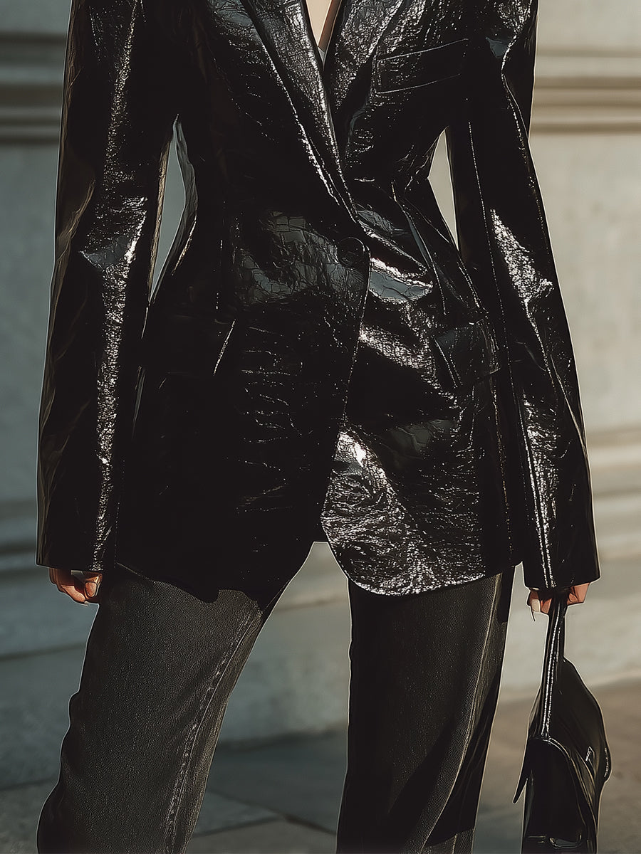 Androgynous Chic Patent Environmentally Friendly Leather One-button Slim Fit Blazer