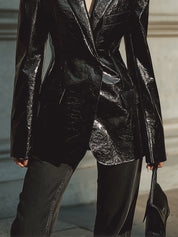 Androgynous Chic Patent Environmentally Friendly Leather One-button Slim Fit Blazer