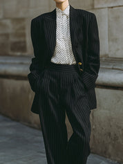 Commuting Minimalist Striped Shoulder Pad Blazer & Straight Pants Set