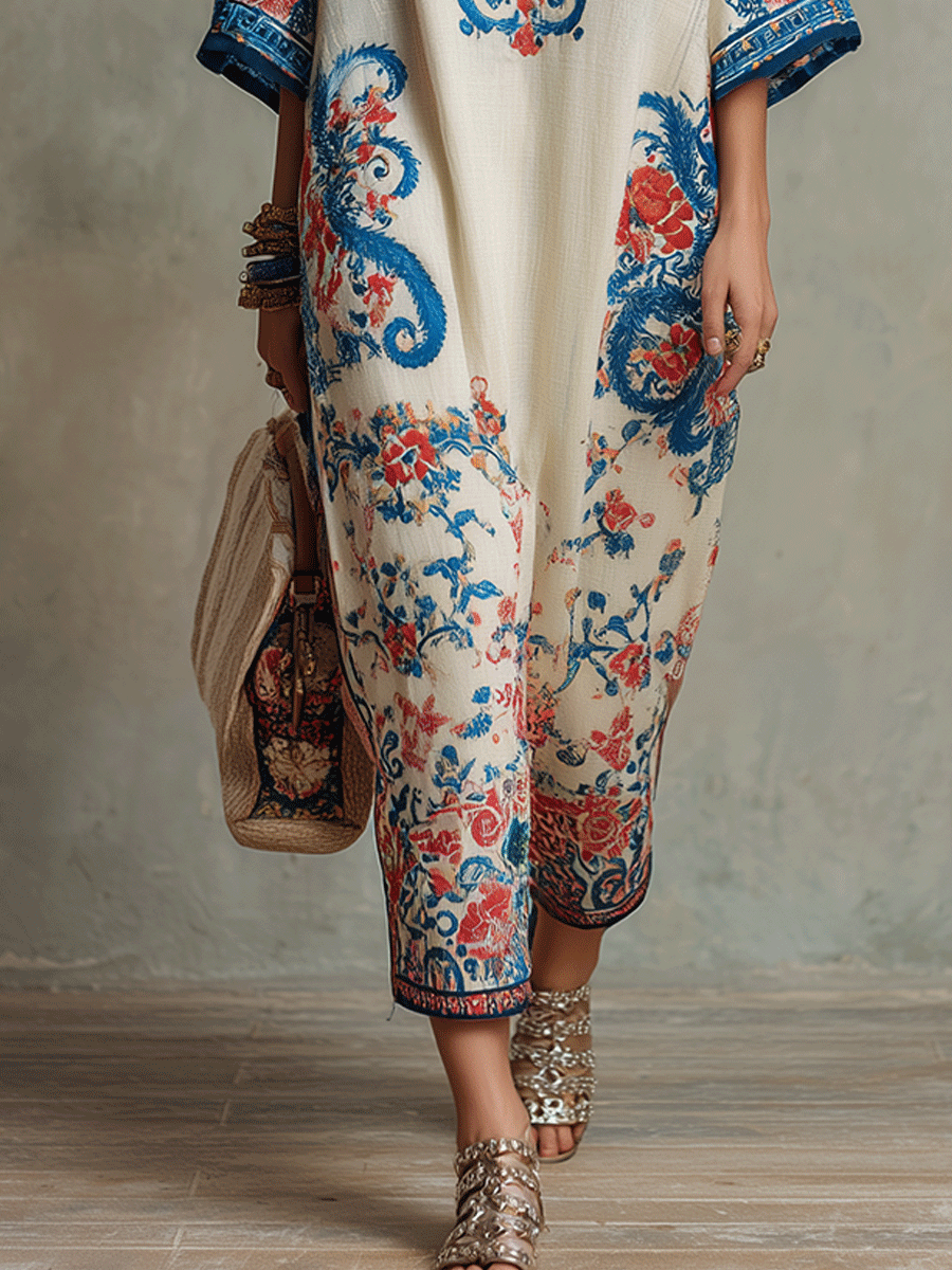 Bohemian Floral Paisley Kaftan Midi Dress In Ivory Blue