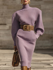 Androgynous Chic High Collar Lantern Sleeves Diagonal Pocket Knit Midi Dress