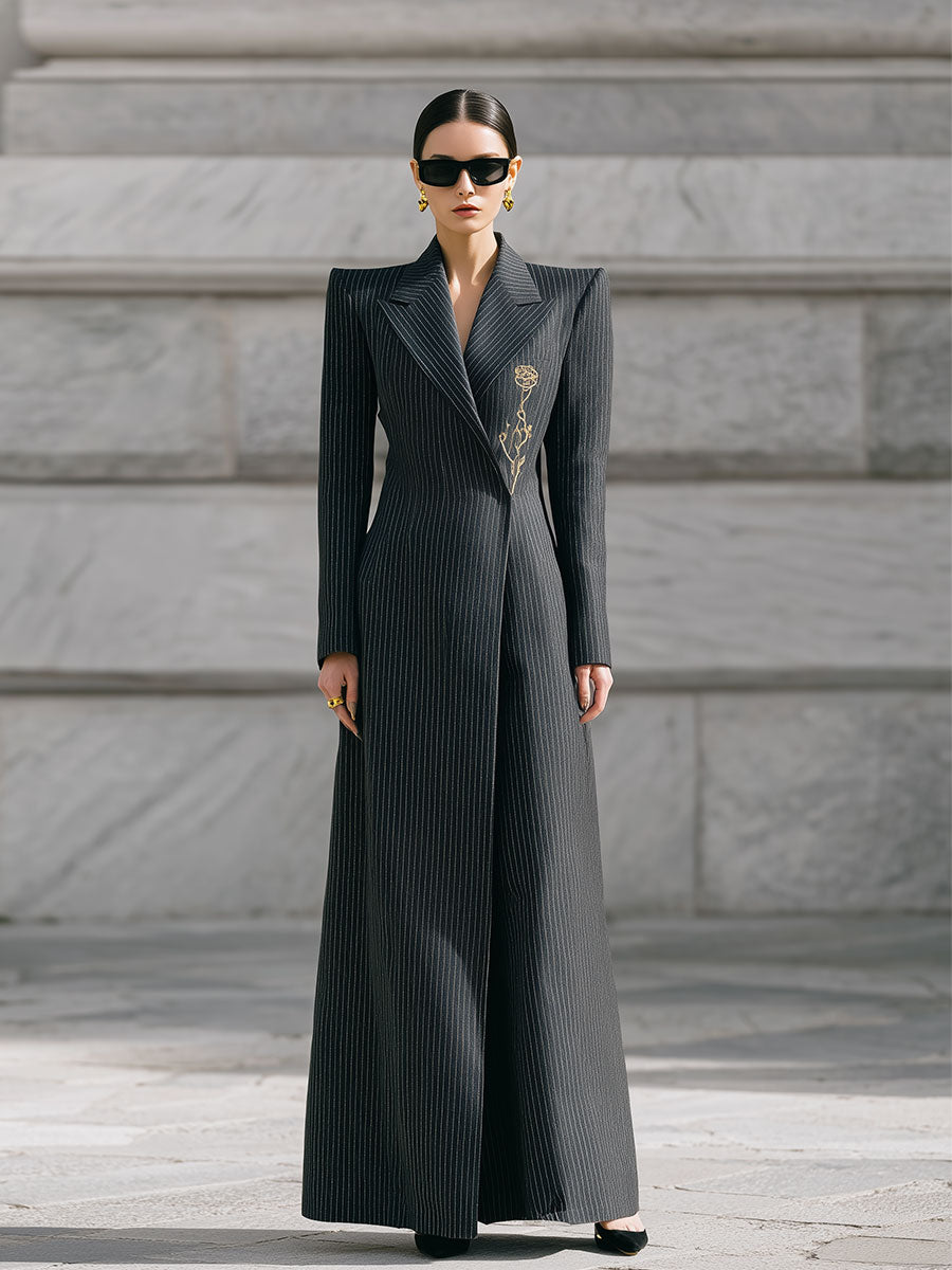 Old Money Style Striped Rose Embroidered Long Coat