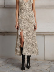 Fashionable Ruffled Floral Hem Slit Suspender Dress With Neck Scarf