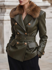 Old Money Detachable Fur Collar Environmentally Friendly Leather Jacket With Belt