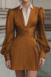 Old Money Fashion Regal Brown Puff Sleeves Mini Dress