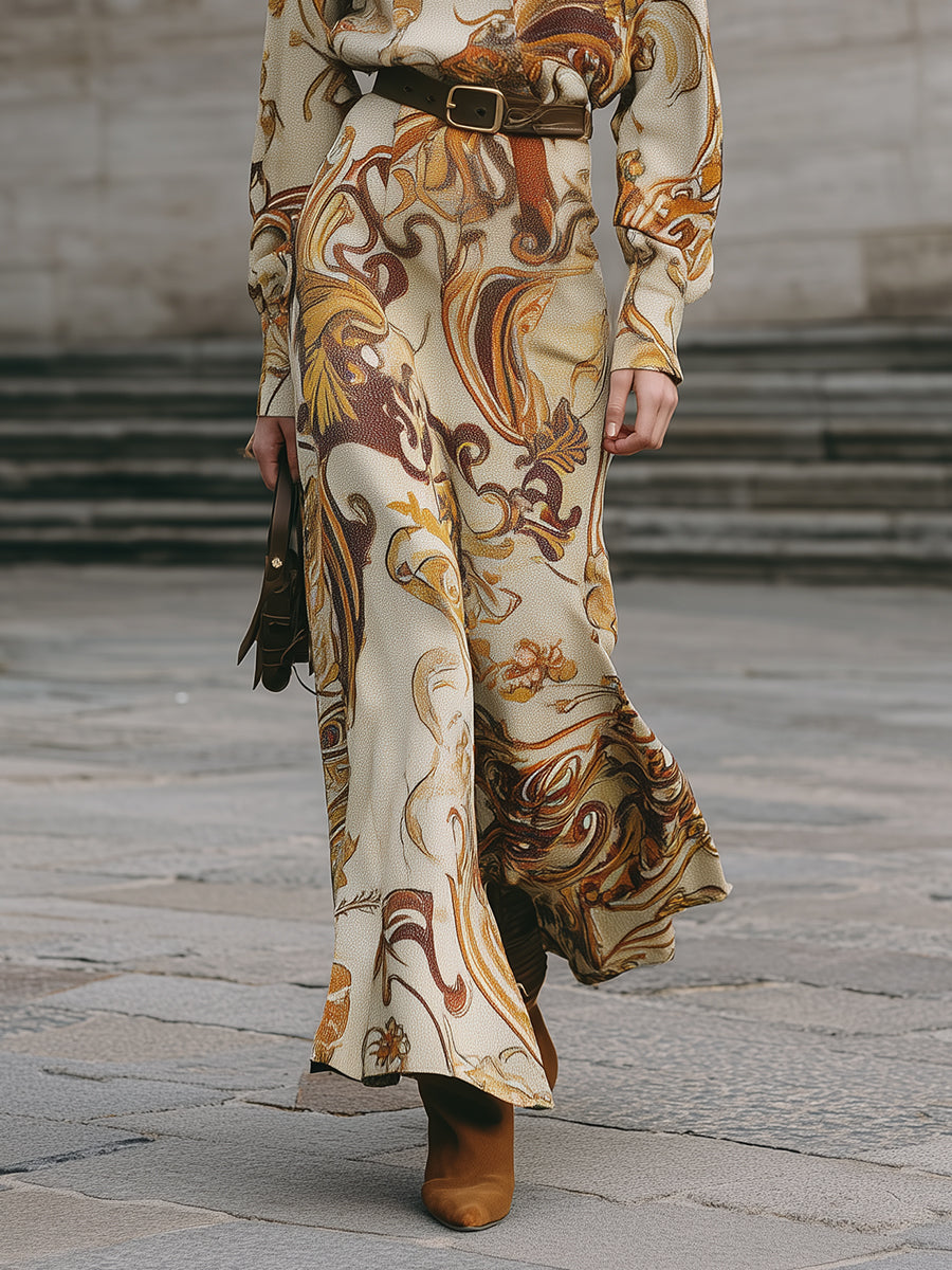 Art Nouveau Botanical Scrolls Printed Micro Fishtail Hem Dress With Belt