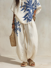 Resort Chic Linen Botanical-Print Wide-Leg Blue & White Loungewear Set