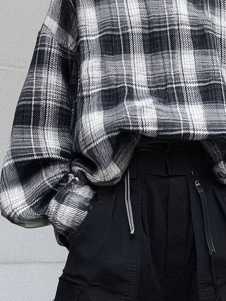 Casual Plaid Oversized Dropped Shoulder Sleeves Blouse