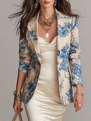 Elegant Resort Blue Floral Linen Blazer & Champagne Satin Slip Dress Set