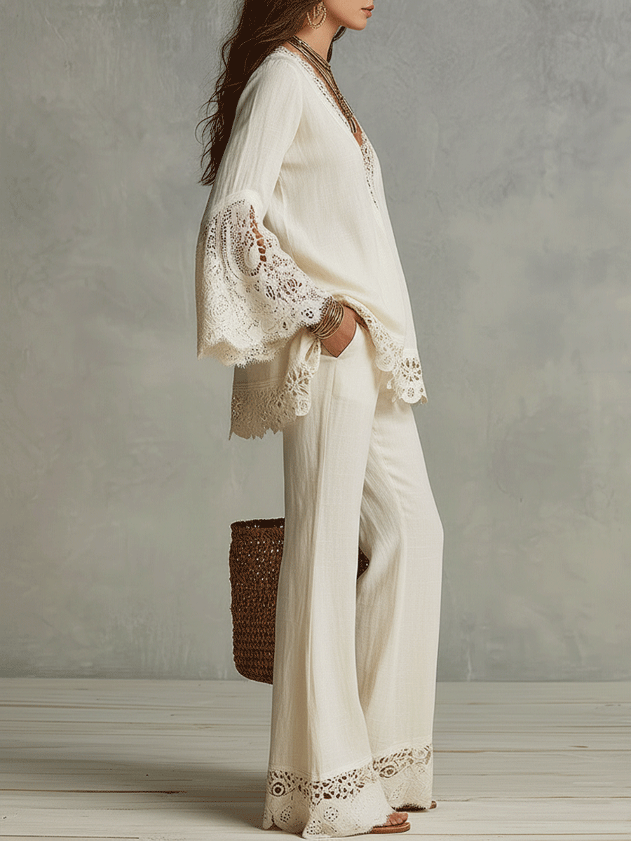 Bohemian Lace Trim Resort Ivory White Two-Piece Set
