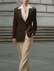Minimalist U-shaped Collar Single Button Wool Blend Blazer