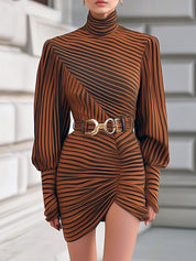 Retro Advanced Striped High-Neck Mini Dress With Gold Buckle