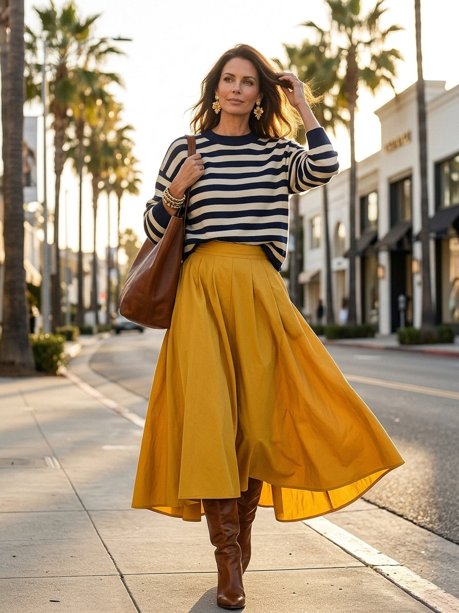 Effortless Striped Knit Sweater & Maxi-Skirt Navy Two-Piece Set