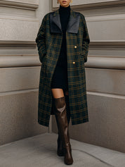 Chic Vibe  Eco-friendly Leather Lapel  Dark Green Plaid Wool Coat