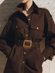 Deconstructed Military Uniform Cotton-blend Flap Pocket Mini Dress With Belt