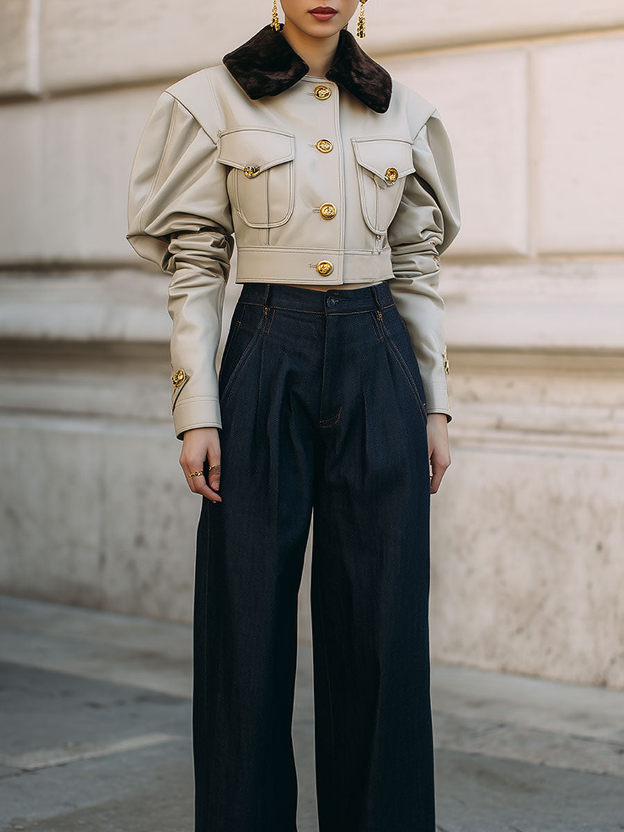 Stylish Pleated Leg-of-mutton Sleeve Eco-leather Cropped Jacket