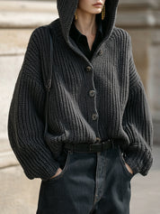 Uniquely Designed Oversized Knitted Hooded Single-breasted Cardigan