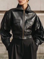 90s Minimalism Structured Cropped Eco-friendly Leather Jacket