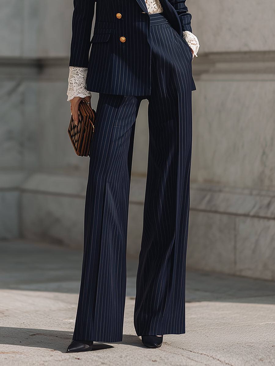 Classic Striped Puff Sleeves Double-breasted Blazer & Straight Pants Set
