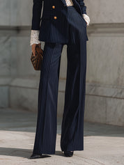 Classic Striped Puff Sleeves Double-breasted Blazer & Straight Pants Set