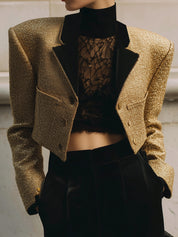 Old Money Style Velvet Collar Cropped Short Jacket With Soft Shoulder Pads