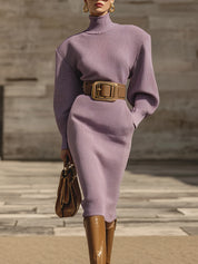 Androgynous Chic High Collar Lantern Sleeves Diagonal Pocket Knit Midi Dress