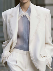Minimalist Lace Splicing Lapel Loose Version Blazer With Shoulder Pads