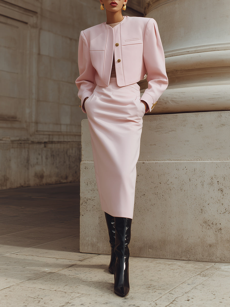 Stylish Pinch Pleated Sleeve Short Jacket & Back Slit Pencil Skirt Set