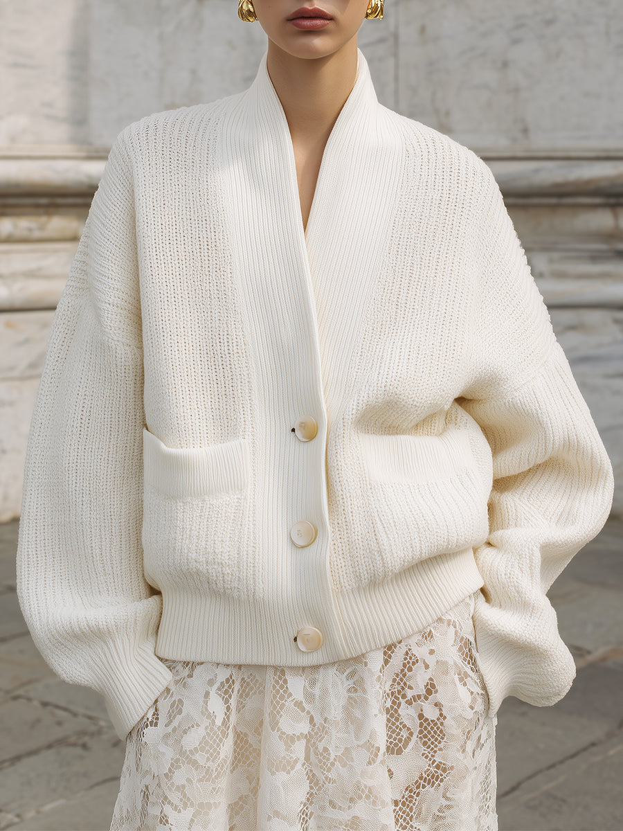 Minimalist Oversized Dropped Shoulder Lantern Sleeve Woolen Cardigan