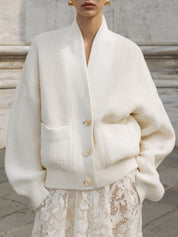 Minimalist Oversized Dropped Shoulder Lantern Sleeve Woolen Cardigan