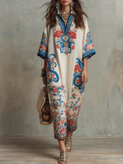 Bohemian Floral Paisley Kaftan Midi Dress In Ivory Blue