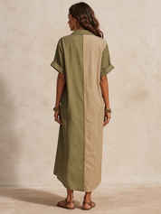 Effortless Coastal Elegance Olive & Sand Patchwork Button-Front Maxi Dress