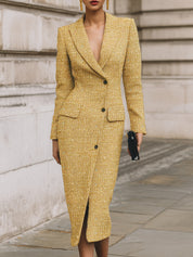 Old Money Sequined Tweed Lapel Oblique Placket Midi Dress