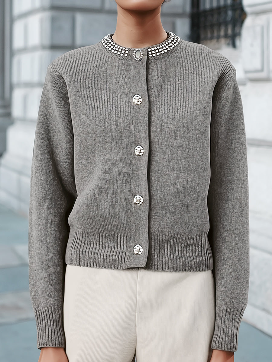 Vintage-Inspired Crystal Accents Knit Cardigan Sweater