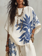 Resort Chic Linen Botanical-Print Wide-Leg Blue & White Loungewear Set