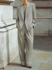 Minimalist Fine Plaid Shoulder Padded Woolen Blazer & Straight Pants Set