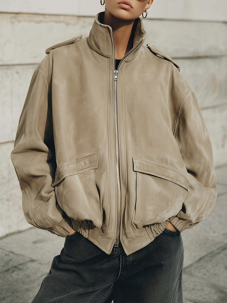 90s Minimalism Revival Eco-friendly Suede Stand Collar Loose Jacket
